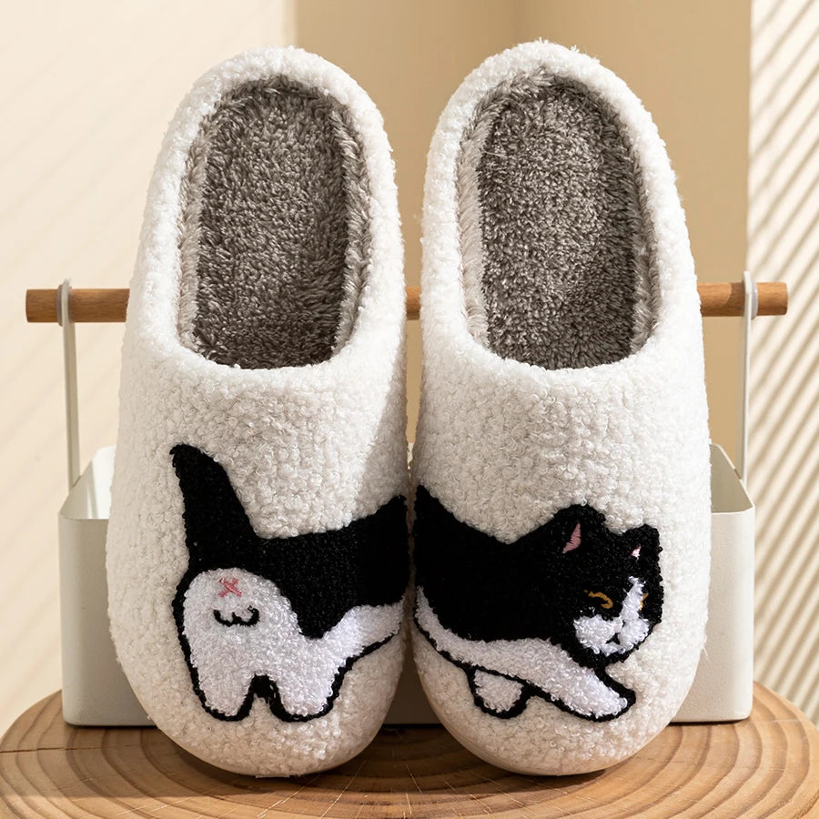 Fuzzy Cat Slippers – Cozy Unisex Home Slippers with Cat Illustration