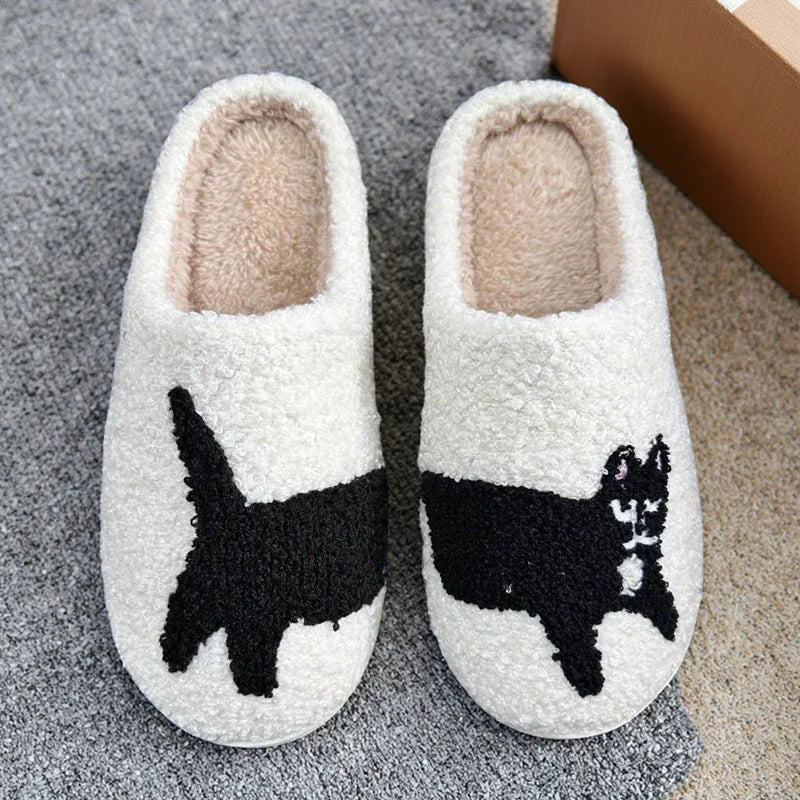 Furry Winter Slippers with Embroidered Cat – Unisex Home Slippers