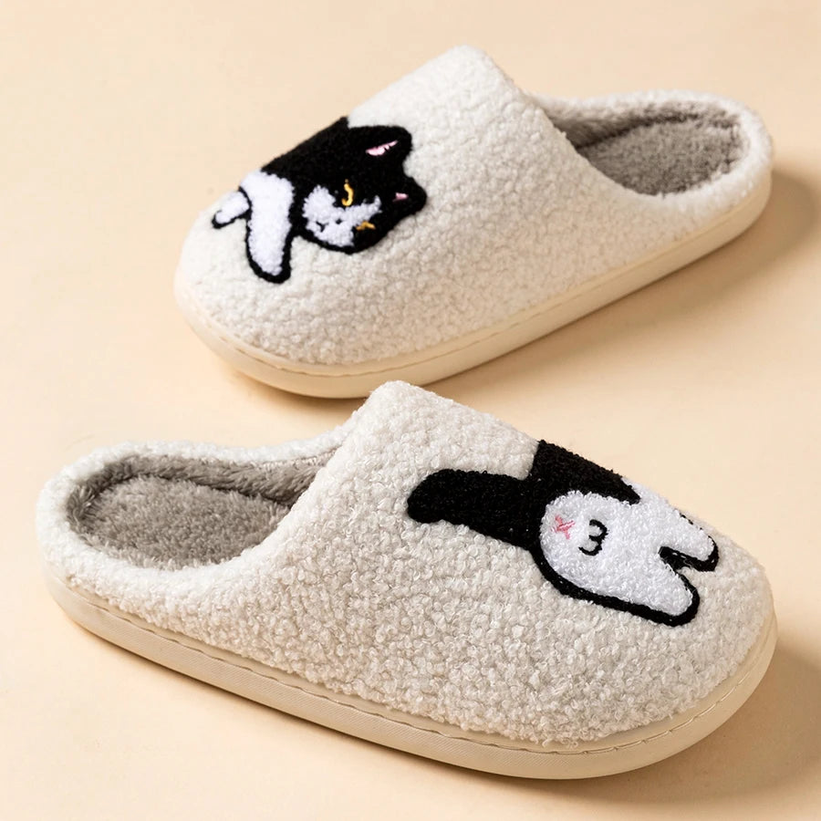 Fuzzy Cat Slippers – Cozy Unisex Home Slippers with Cat Illustration