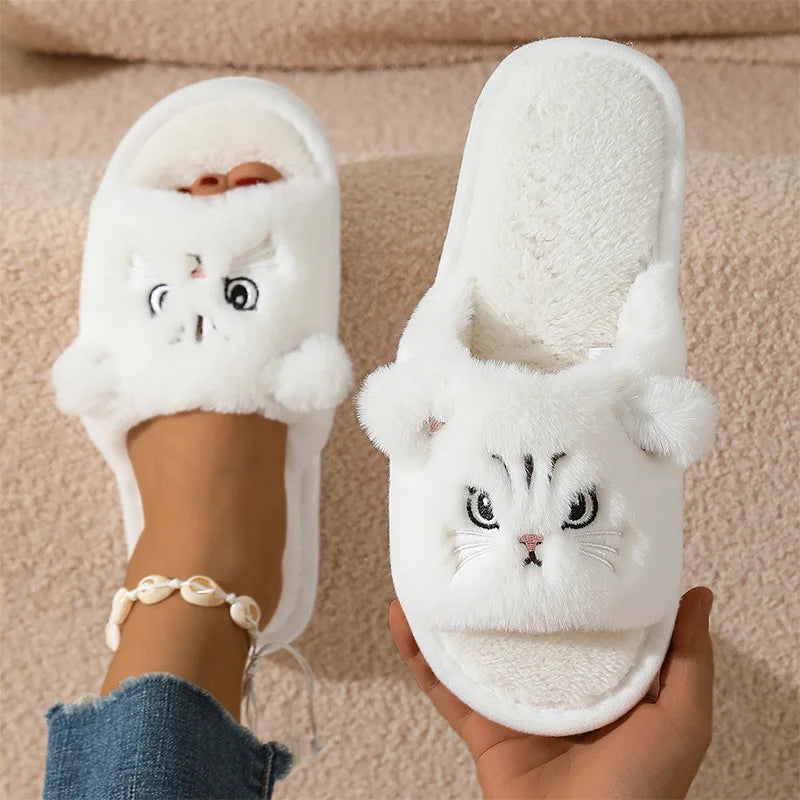 Cute Cat Women Slippers – Warm Furry Indoor Footwear