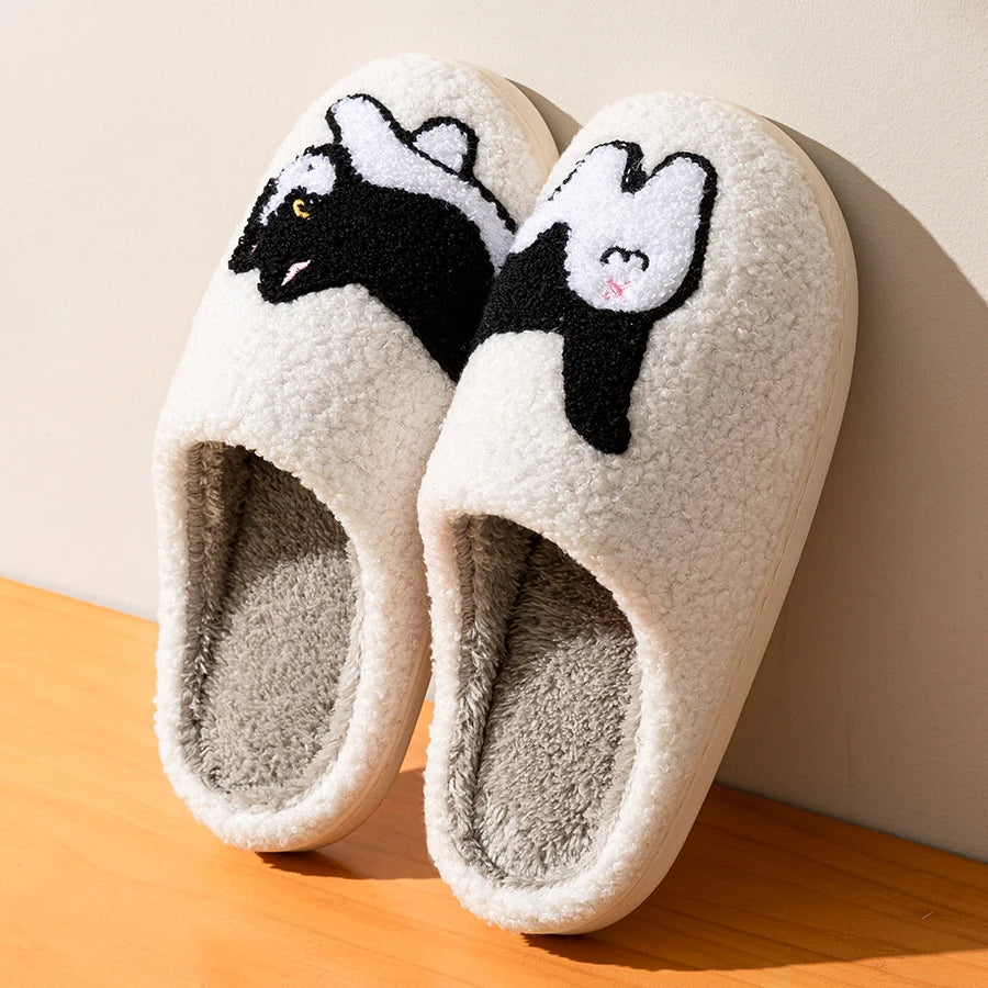 Fuzzy Cat Slippers – Cozy Unisex Home Slippers with Cat Illustration