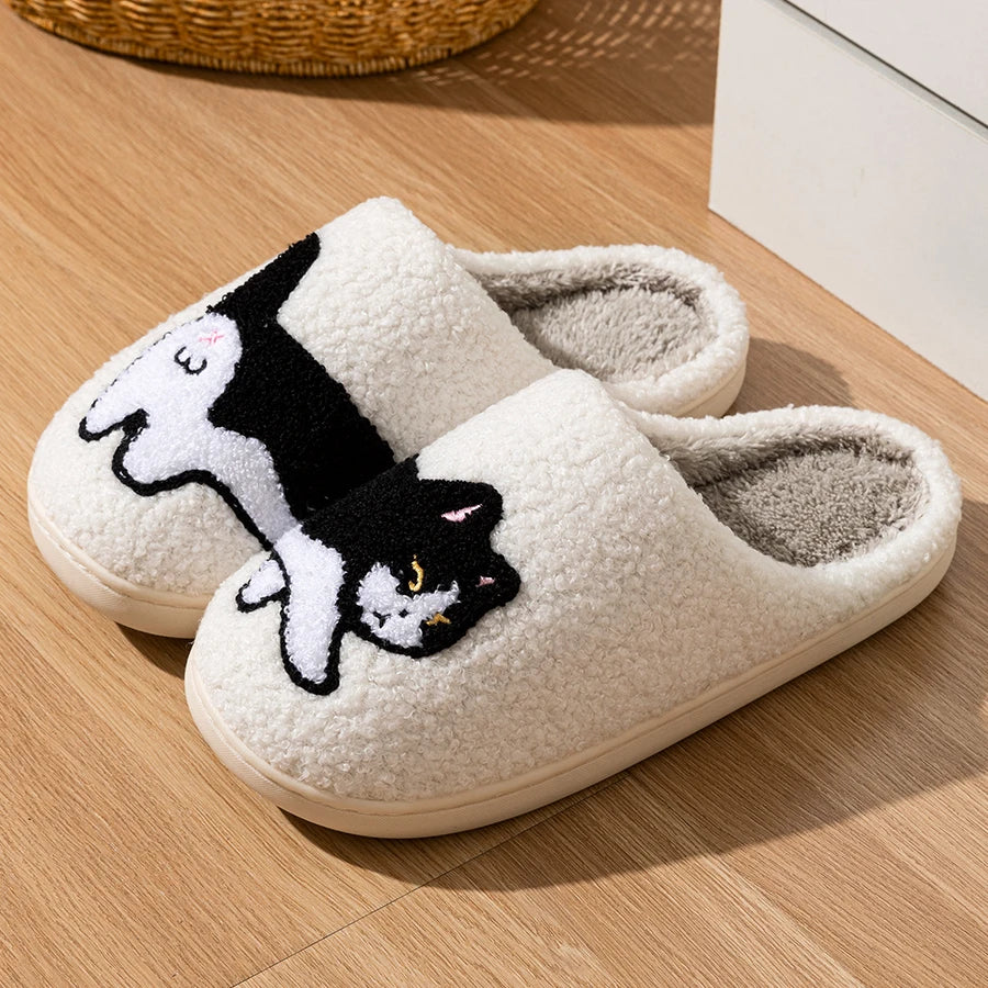 Fuzzy Cat Slippers – Cozy Unisex Home Slippers with Cat Illustration