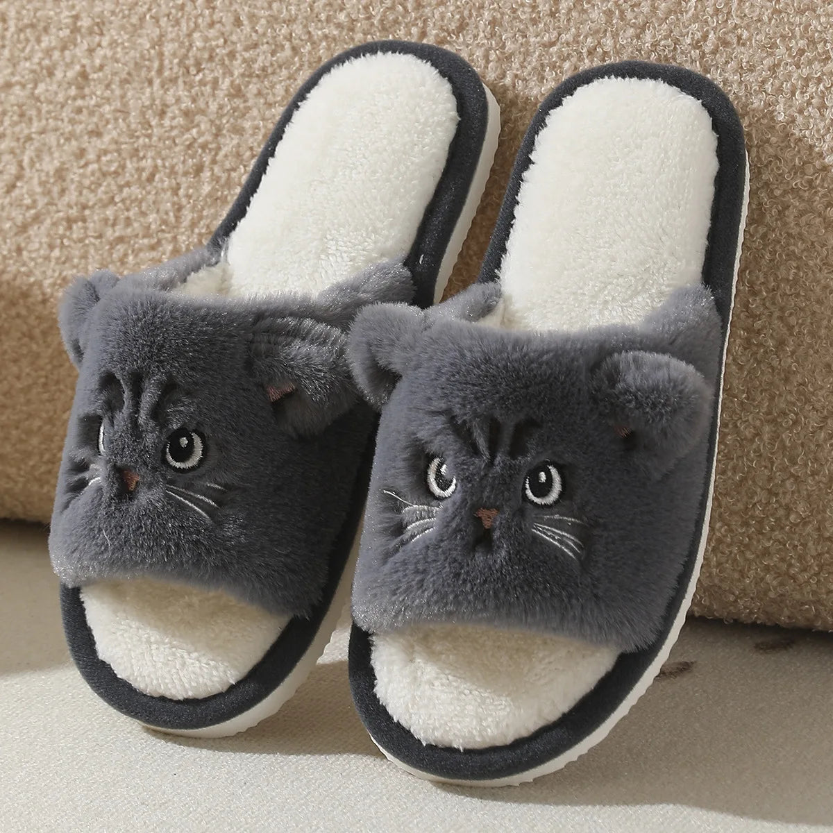 Cute Cat Women Slippers – Warm Furry Indoor Footwear