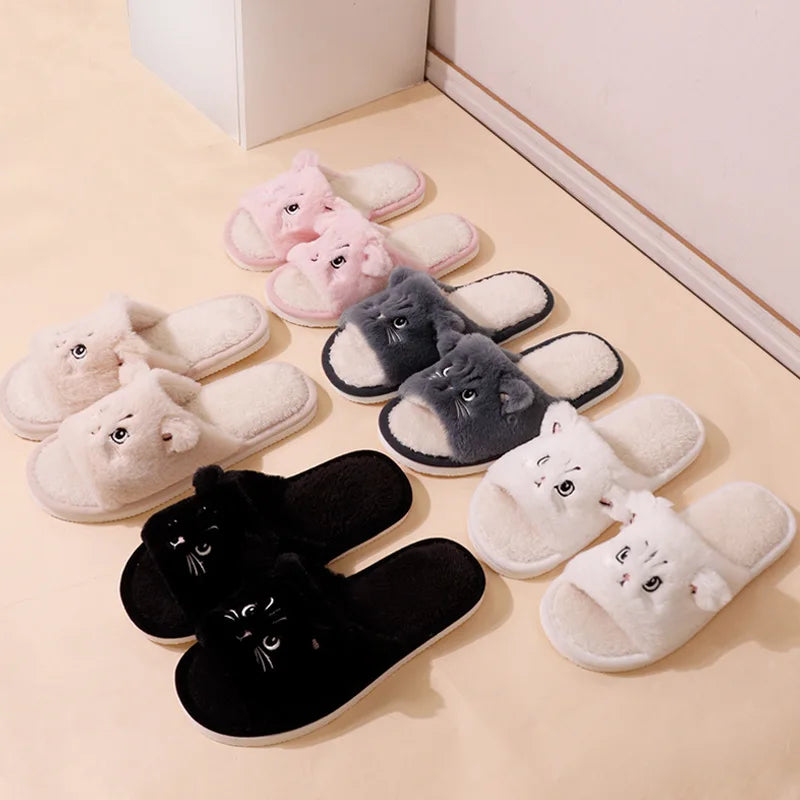 Cute Cat Women Slippers – Warm Furry Indoor Footwear