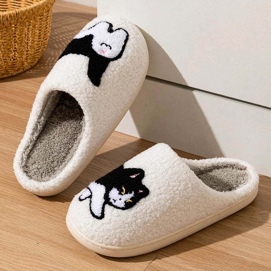 Fuzzy Cat Slippers – Cozy Unisex Home Slippers with Cat Illustration
