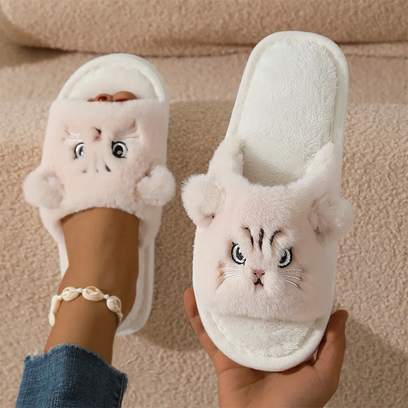 Cute Cat Women Slippers – Warm Furry Indoor Footwear